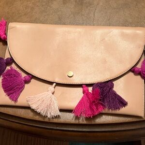 Tassel-Embellished Tan Clutch